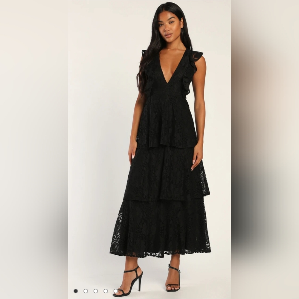 Lulu's Molinetto Black Lace Ruffled Tiered Sleeveless Maxi Dress